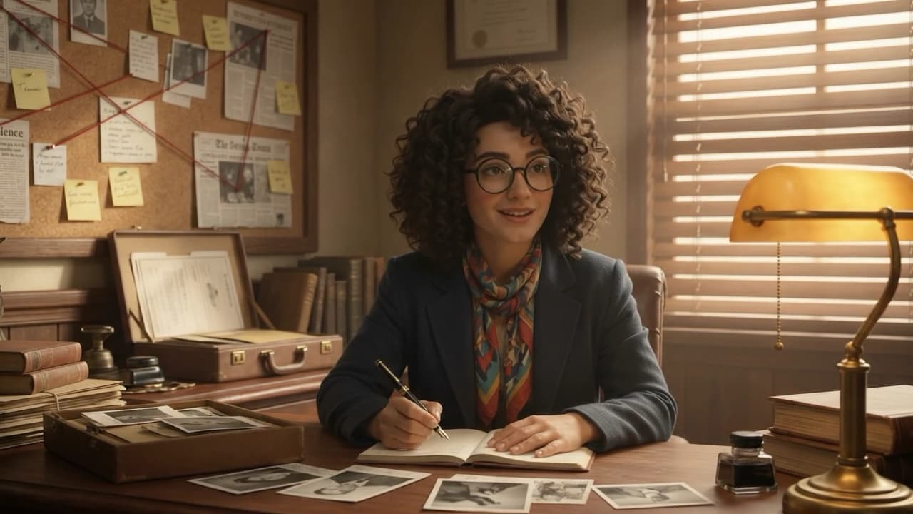 Bunty at the desk, going through the evidence